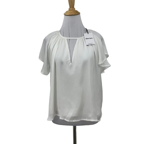 Showpo Demmi Top Womens 6 White Round Neck Keyhole Cutout Flutter Sleeve Lined - Picture 1 of 15